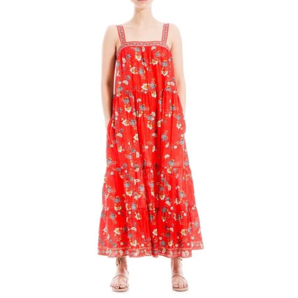 Max Studio London Red Floral Maxi Dress Small Cotton Rayon Tiered Pockets Boho